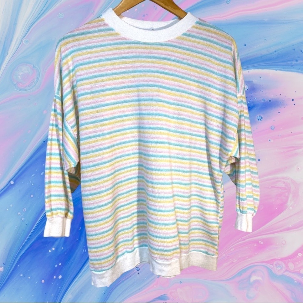 Vintage Pastel Striped Knit Mock Neck Pullover Size XL